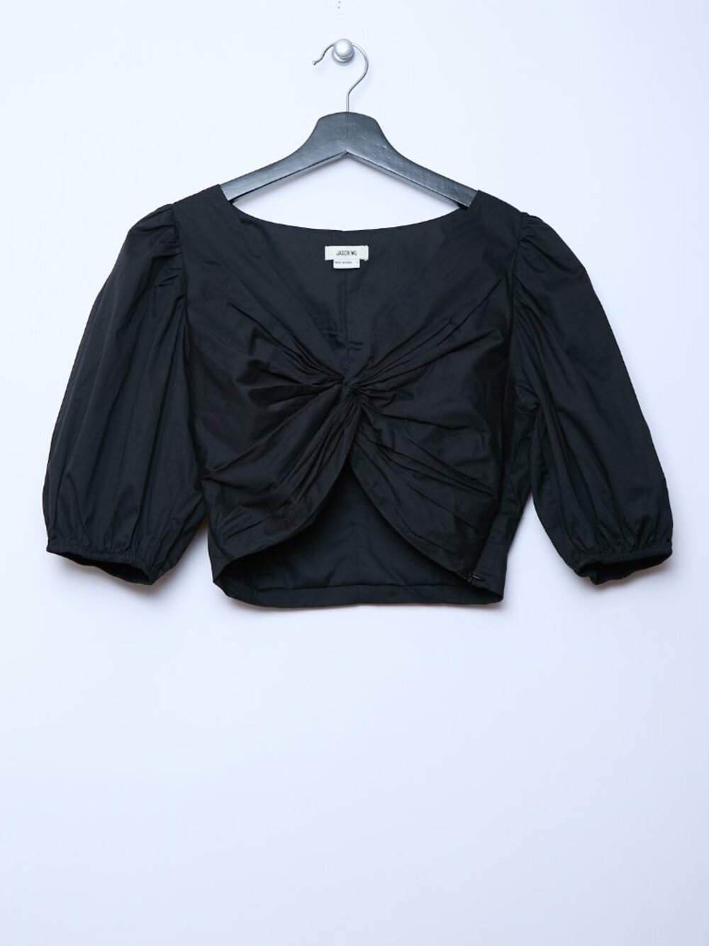 Jason Wu Twist Front V-Neck Puff Sleeves Crop Top Black Small